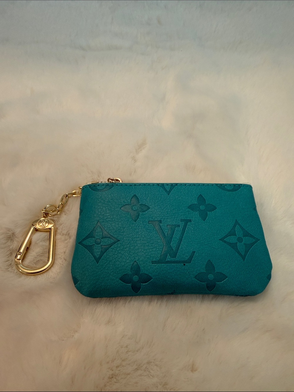 NWOT Source Unknown Teal Embossed Monogram Key & Card Pouch with Gold Hardware